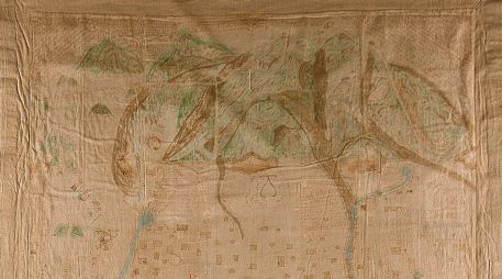 Detalle del Lienzo de San Sebastián, un mapa de trascendental importancia histórica que fusiona la cartografía indígena y europea del siglo XVI. CORTESÍA