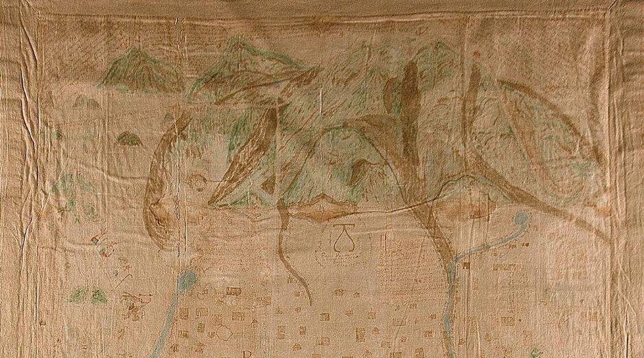 Detalle del Lienzo de San Sebastián, un mapa de trascendental importancia histórica que fusiona la cartografía indígena y europea del siglo XVI. CORTESÍA
