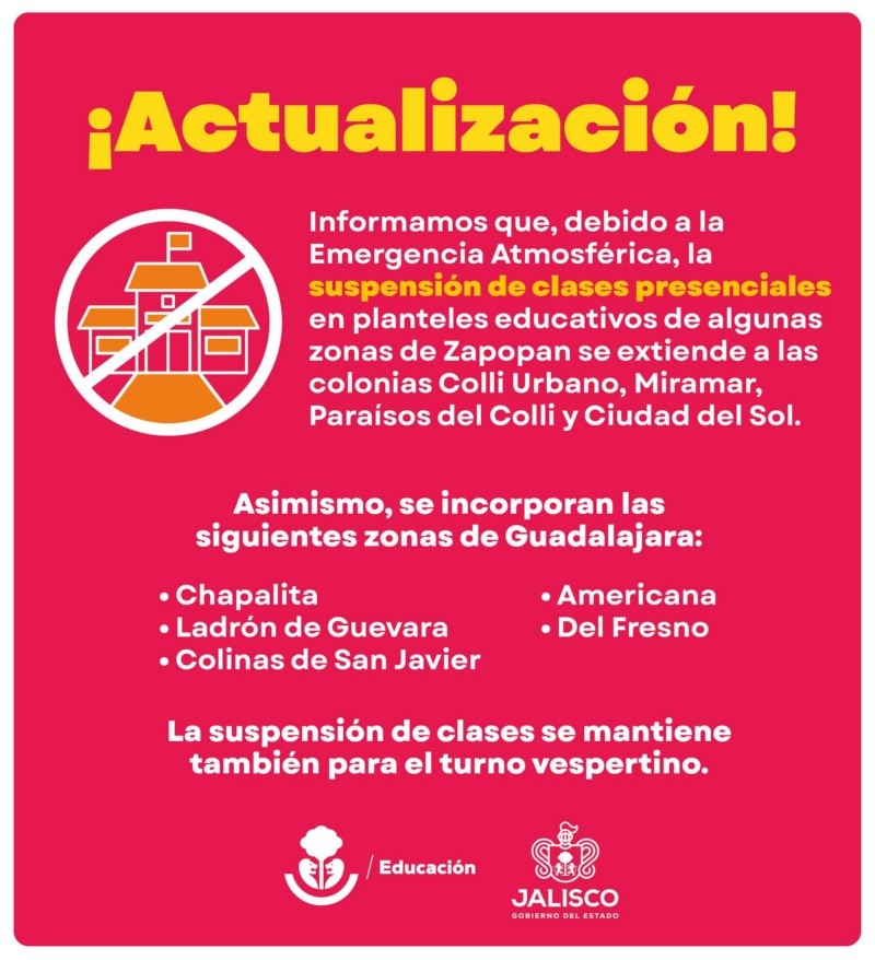 La Secretaría de Educación Jalisco (SEJ) decidió suspender las clases presenciales en escuelas de ambos municipios. ESPECIAL