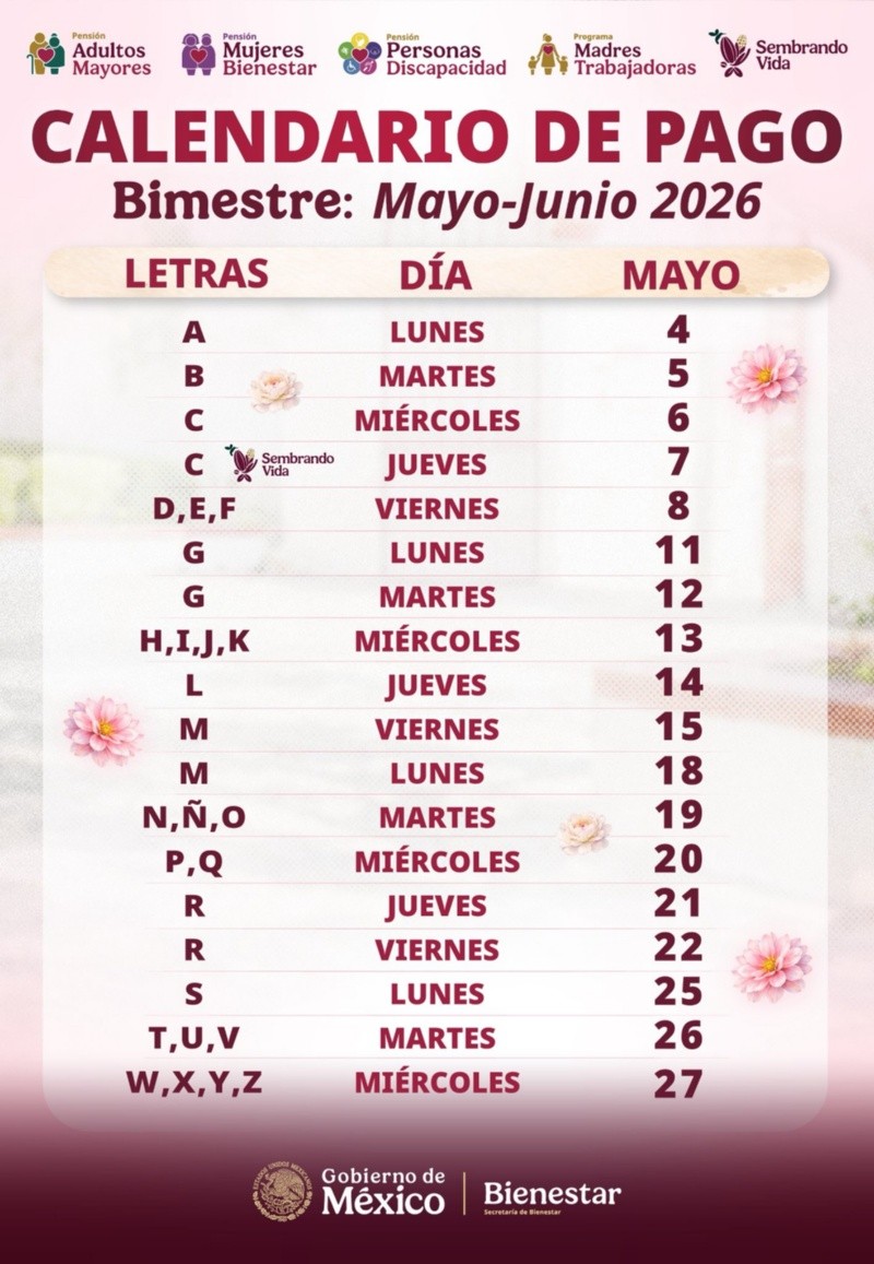 &nbsp;Calendario de pagos de la Pensión Mujeres Bienestar mayo 2026. ESPECIAL