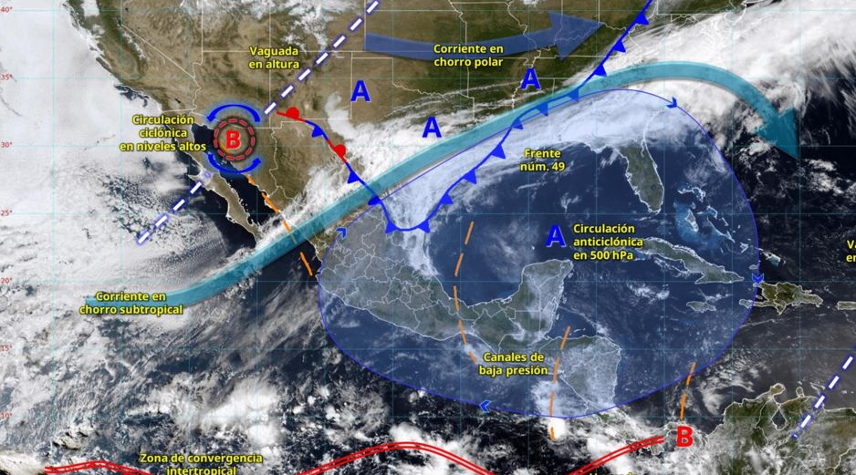 El frente frío 49, en interacción con la corriente en chorro subtropical y un canal de baja presión causan lluvias puntuales intensas en Tamaulipas y Nuevo León. ESPECIAL/Conagua