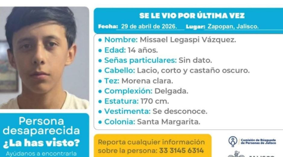 Cualquier información que pudiera ayudar a localizar a Missael puede ser reportada de manera anónima al número 3331456314 de la Comisión de Búsqueda de Jalisco. ESPECIAL/ Comisión de Búsqueda de Personas.