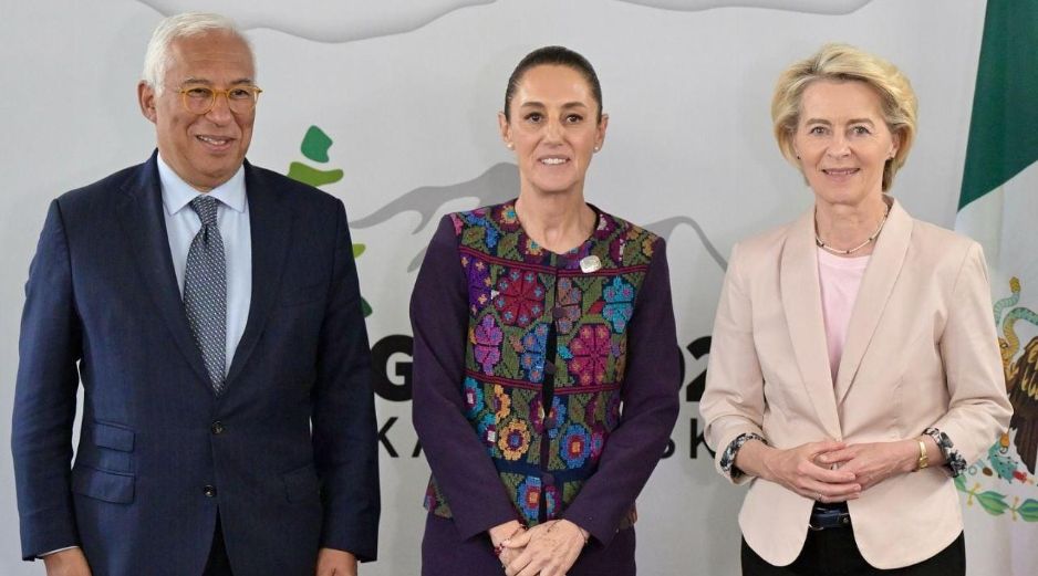 El presidente del Consejo Europeo, António Costa, la Presidenta Claudia Sheinbaum y la presidenta de la Comisión Europea, Ursula von der Leyen, en una foto de archivo del 2025. FACEBOOK/Unión Europea en México