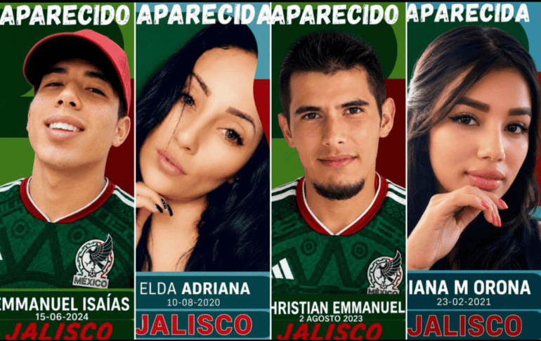 Los desaparecidos portan la playera de la Selección mexicana, debajo se pueden leer sus nombres, la fecha de su desaparición y “Jalisco” el Estado en donde se les vio por última vez”.ESPECIAL/ Facebook/ Colectivo Luz de Esperanza, Jalisco. Agrupación sin Fines de Lucro