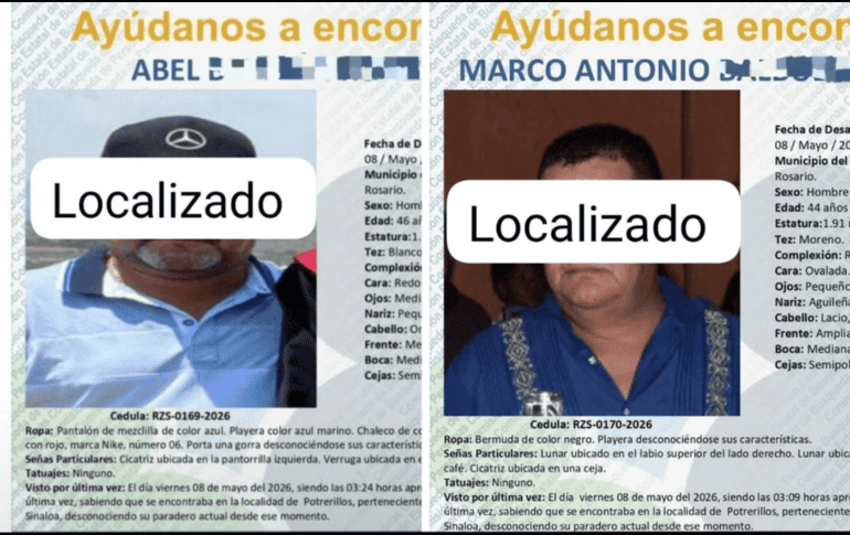 Según las fichas de búsqueda, ambos habían sido reportados como desaparecidos desde el pasado 8 de mayo en el municipio de Rosario. ESPECIAL/ Facebook/ Policía Mazatlán