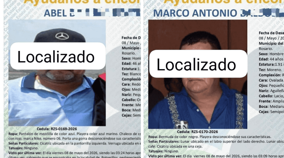 Según las fichas de búsqueda, ambos habían sido reportados como desaparecidos desde el pasado 8 de mayo en el municipio de Rosario. ESPECIAL/ Facebook/ Policía Mazatlán