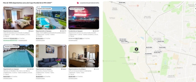 Estas son algunas de las opciones encontradas en Airbnb cerca del Estadio Akron. CAPTURA&nbsp;
