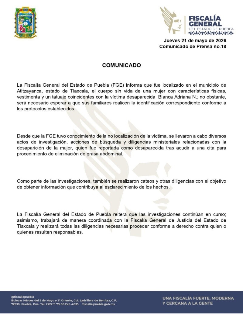 La Fiscalía General del Estado de Puebla (FGE) informó sobre la localización de un cuerpo sin vida de una mujer. ESPECIAL&nbsp;