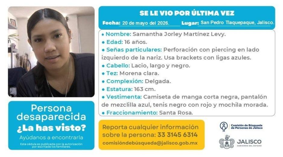 De acuerdo con familiares de Samantha Jorley, quien solo tiene 16 años, fue vista por última vez el pasado 20 de mayo alrededor de las 14:00 horas, cuando entró a la Preparatoria Regional de Toluquilla. ESPECIAL