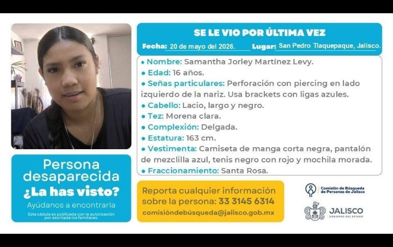De acuerdo con familiares de Samantha Jorley, quien solo tiene 16 años, fue vista por última vez el pasado 20 de mayo alrededor de las 14:00 horas, cuando entró a la Preparatoria Regional de Toluquilla. ESPECIAL