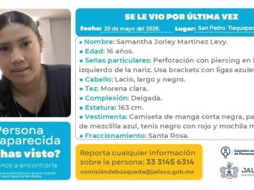 De acuerdo con familiares de Samantha Jorley, quien solo tiene 16 años, fue vista por última vez el pasado 20 de mayo alrededor de las 14:00 horas, cuando entró a la Preparatoria Regional de Toluquilla. ESPECIAL
