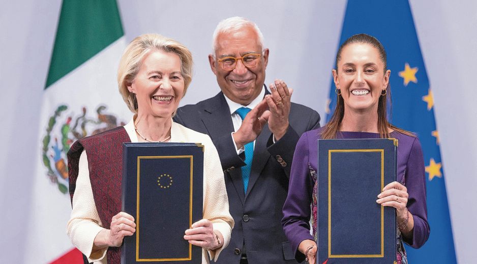 Claudia Sheinbaum y la presidenta de la Comisión Europea, Ursula von der Leyen, encabezaron la firma del Acuerdo Global Modernizado entre México y la Unión Europea. António Costa, presidente del Consejo Europeo, también fue testigo y partícipe de la VIII Cumbre. EFE