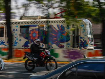 Fotografía del tren ligero con imágenes de ajolotes el sábado 23 de mayo en la Ciudad de México. EFE/I. Esquivel