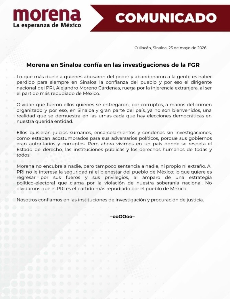 En el documento, el Comité Ejecutivo Estatal de Morena en Sinaloa se lanzó contra el líder del PRI. ESPECIAL
