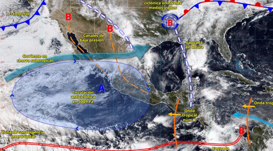 La onda tropical número 2 provocará lluvias intensas, granizo y fuertes vientos en al menos cuatro estados del país. ESPECIAL/SMN.