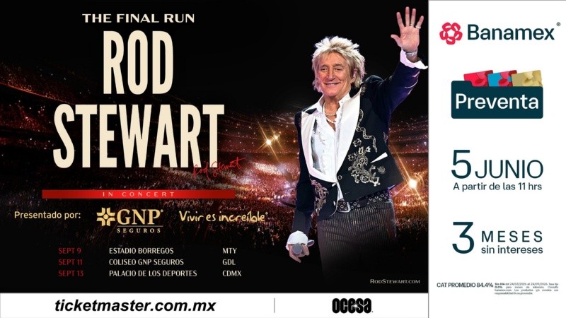 Imagen oficial de Ocesa para anunciar los conciertos de Rod Stewart en México. OCESA&nbsp;
