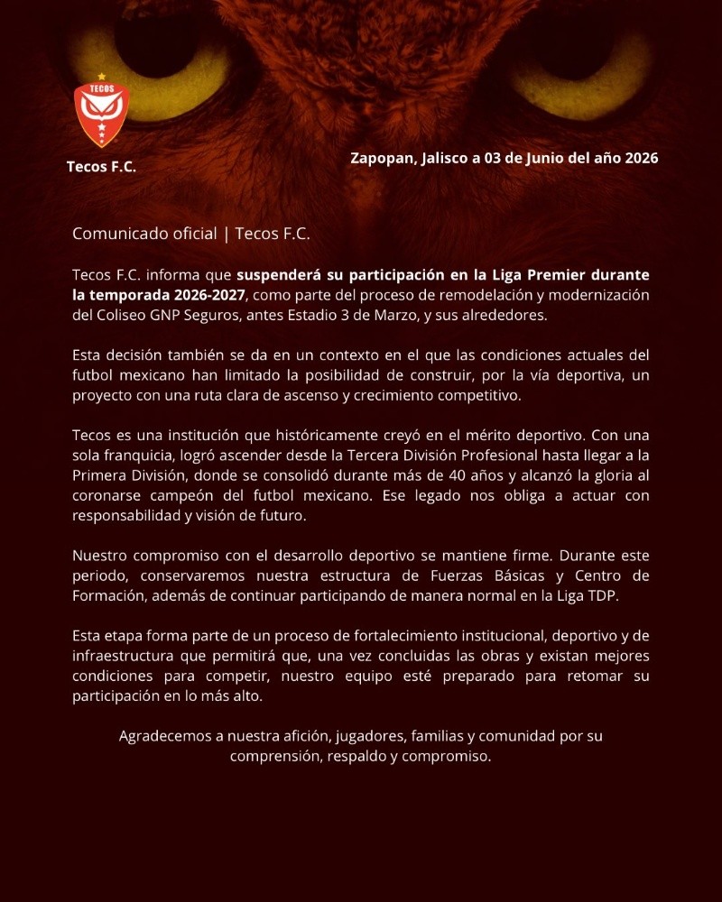 La institución manifestó su inconformidad con la falta de oportunidades reales para construir un proyecto deportivo que aspire al ascenso por mérito competitivo.  X / @FCTecos&nbsp;