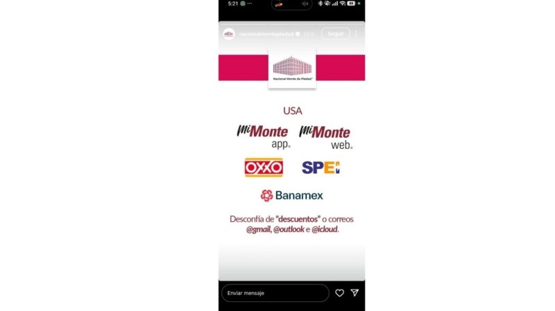 Nacional Monte de Piedad publicó en sus historias de Instagram una serie de consejos para evitar la estafa. INSTAGRAM&nbsp;