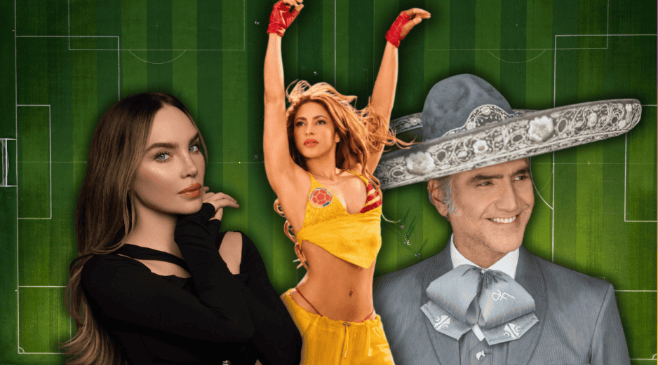 La alineación para la inauguración del Mundial 2026 en territorio mexicano destaca por una fuerte presencia de talento hispanohablante. ESPECIAL/Canva/Facebook @Shakira @Belinda @Alejandro Fernández