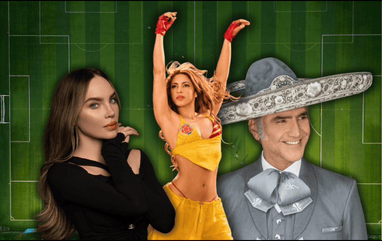 La alineación para la inauguración del Mundial 2026 en territorio mexicano destaca por una fuerte presencia de talento hispanohablante. ESPECIAL/Canva/Facebook @Shakira @Belinda @Alejandro Fernández