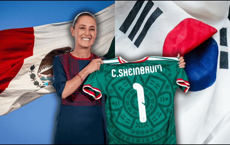 Sheinbaum mostró un espíritu mundialista y aprovechó los primeros minutos frente a los micrófonos para enviar sus mejores deseos a los jugadores de la Selección Mexicana. ESPECIAL/Presidencia de México/Canva