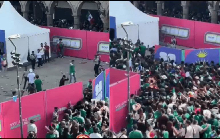 Aficionados tiran las vallas en el Fan Fest Guadalajara.