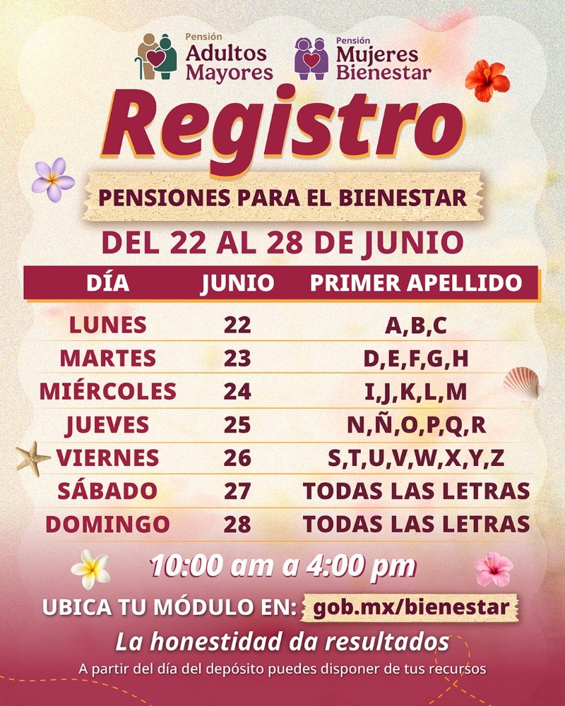 Calendario de registro de la Pensión Bienestar de junio de 2026. ESPECIAL&nbsp;