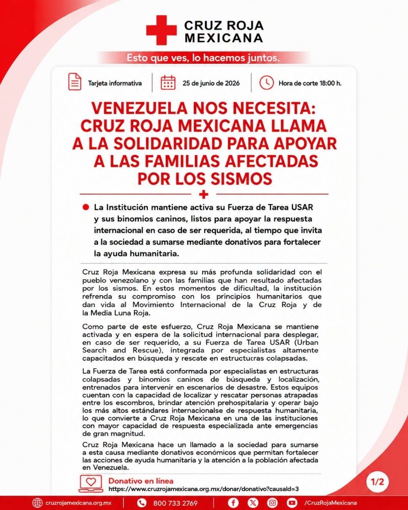 FACEBOOK/Cruz Roja Mexicana Sede Nacional
