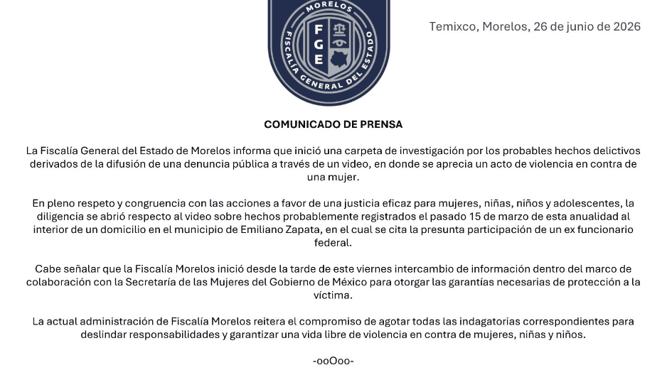 Tras la difusión de un video en redes sociales, la FGE de Morelos confirmó la apertura de una carpeta de investigación y señaló que trabaja en coordinación con la Secretaría de las Mujeres del Gobierno de México para otorgar medidas de protección a la víctima. X / @Fiscalia_Mor