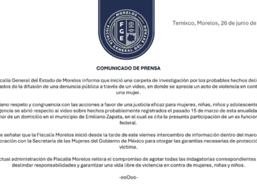 Tras la difusión de un video en redes sociales, la FGE de Morelos confirmó la apertura de una carpeta de investigación y señaló que trabaja en coordinación con la Secretaría de las Mujeres del Gobierno de México para otorgar medidas de protección a la víctima. X / @Fiscalia_Mor