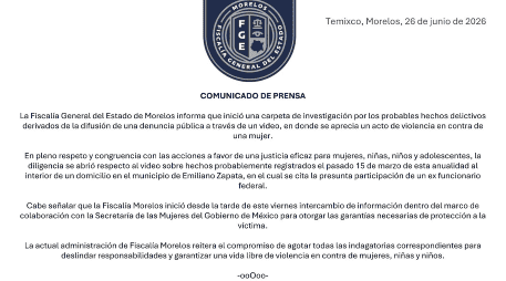 Tras la difusión de un video en redes sociales, la FGE de Morelos confirmó la apertura de una carpeta de investigación y señaló que trabaja en coordinación con la Secretaría de las Mujeres del Gobierno de México para otorgar medidas de protección a la víctima. X / @Fiscalia_Mor