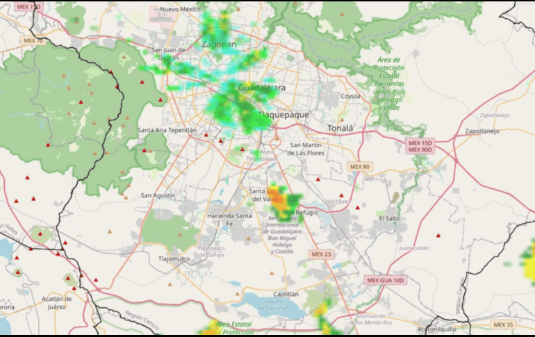 Los reportes más recientes indican que los ecos de lluvia más intensos se desarrollan sobre el Área Metropolitana de Guadalajara. RADAR DOPPLER UDEG