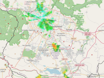 Los reportes más recientes indican que los ecos de lluvia más intensos se desarrollan sobre el Área Metropolitana de Guadalajara. RADAR DOPPLER