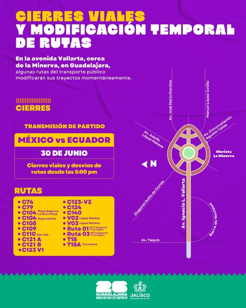 Cierres viales en La Minerva por el partido de México vs. Ecuador. ESPECIAL/Policía Vial Jalisco