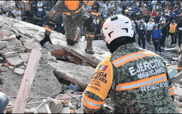Voluntarios y rescatistas trabajan en un edificio derrumbado por el doble terremoto en Catia La Mar, Venezuela. ESPECIAL/X/ @Defensamx1
