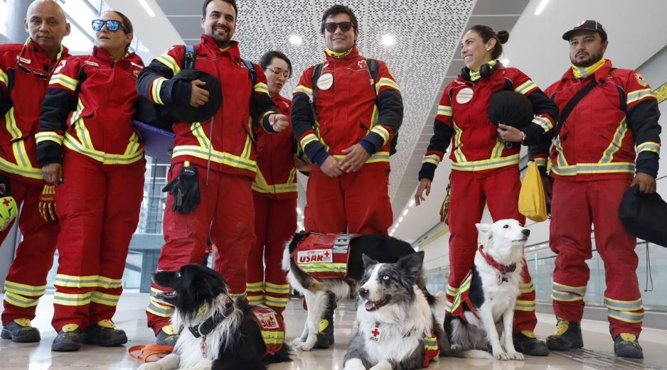 El grupo estuvo integrado por elementos de la Cruz Roja, Bomberos, el Escuadrón de Topos, brigadistas de Rescate y Protección Civil, acompañados de 14 binomios caninos. ESPECIAL/SRE