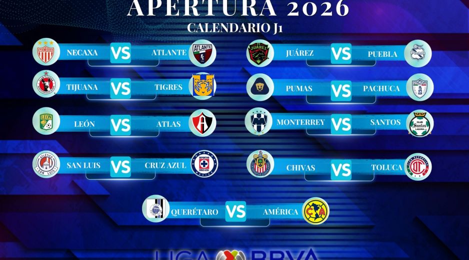 Este es el calendario completo de la Jornada 1 del Torneo Apertura 2026 de la Liga MX, con las fechas, horarios y sedes de todos los partidos programados para el inicio del campeonato. ESPECIAL / CANVA