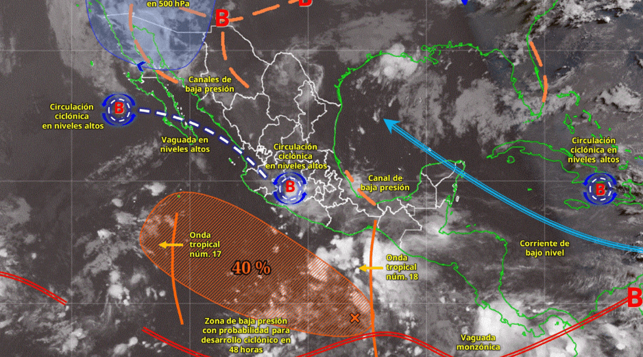 Conagua alerta sobre la onda tropical 18 que provocará fuertes tormentas en el centro y sur de México este 12 de julio de 2026, contrastando con una intensa ola de calor en el Pacífico. ESPECIAL/X/ @conagua_clima