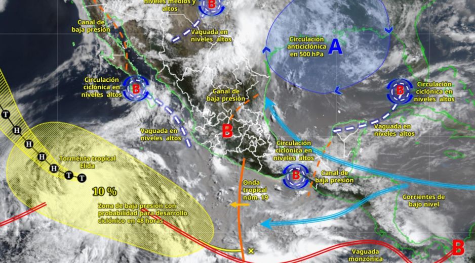 Aunque Elida se aleja de México, el SMN prevé lluvias intensas en varias entidades durante los próximos días. ESPECIAL/SMN.
