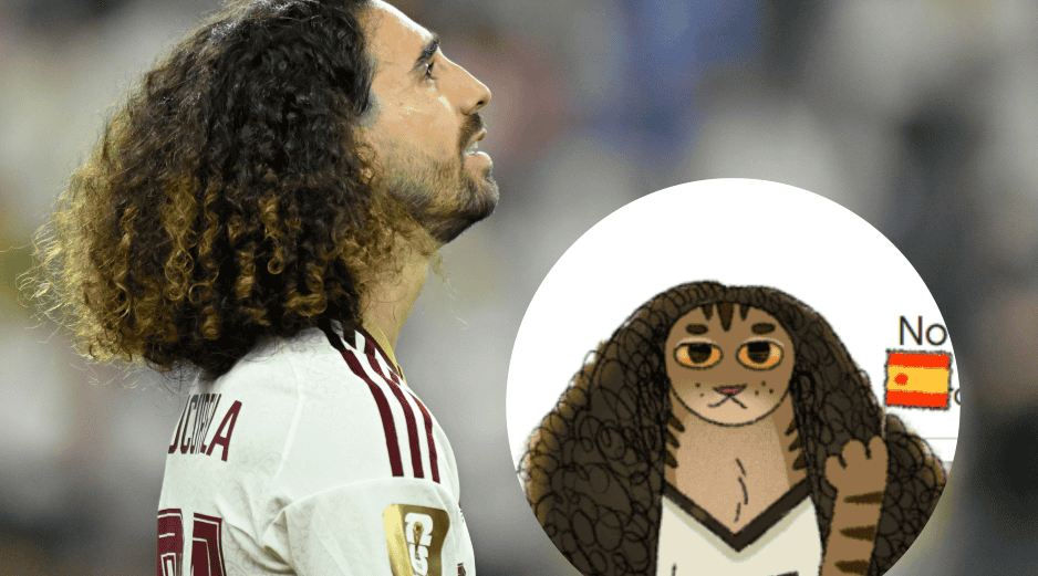 El simpático felino de Cucurella aparece en la pantalla sosteniendo y agitando el estandarte. IMAGO7/ARCHIVO