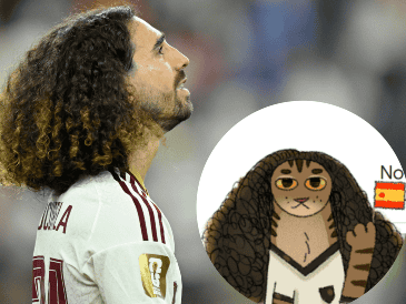 El simpático felino de Cucurella aparece en la pantalla sosteniendo y agitando el estandarte. IMAGO7/ARCHIVO