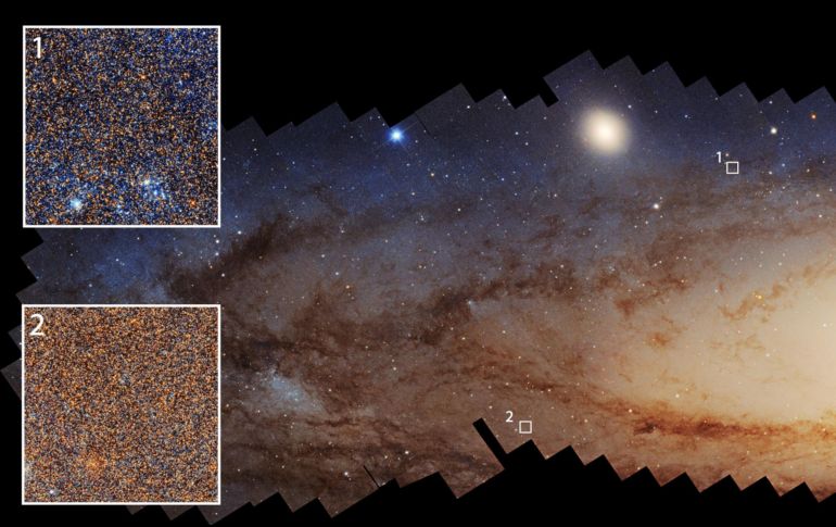 Fotografía cedida por la NASA tomada por el telescopio espacial Hubble el detalle de millones de estrellas en la galaxia de Andrómeda, donde las regiones que han experimentado una formación estelar reciente se ven notablemente más azules que aquellas con una formación estelar menos reciente. EFE/NASA