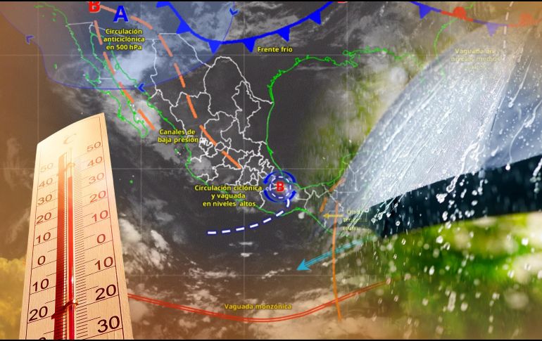 El SMN informó que el monzón mexicano, un frente frío cercano a la frontera noreste, la onda tropical número 23 y diversos sistemas atmosféricos provocarán lluvias de fuertes a intensas en algunos estados, mientras persiste una onda de calor en varias entidades. ESPECIAL / Conagua y CANVA