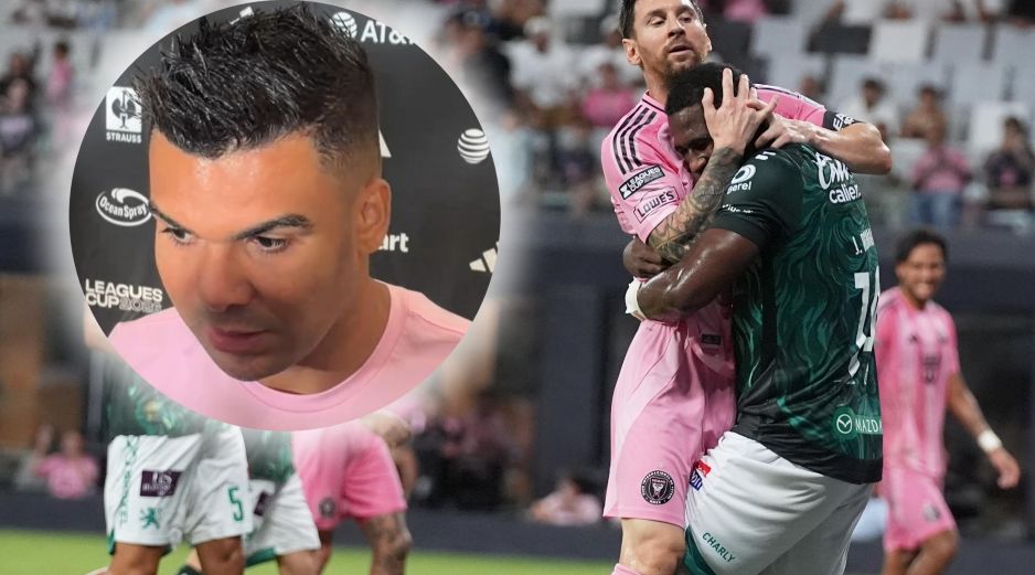 Lionel Messi, del Inter Miami, choca con Jhohan Romaña, de León, durante un encuentro de la Leagues Cup, el miercoles 12 de agosto de 2026. AP / Lynne Sladky