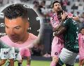 Lionel Messi, del Inter Miami, choca con Jhohan Romaña, de León, durante un encuentro de la Leagues Cup, el miercoles 12 de agosto de 2026. AP / Lynne Sladky