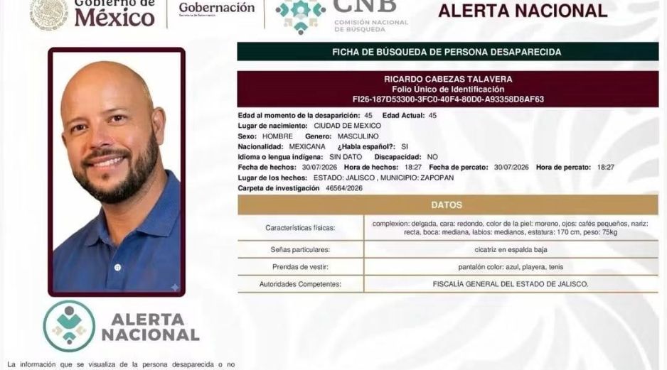 Ricardo Cabezas Talavera, visto por última vez el pasado 30 de julio en la colonia Tabachines, en Zapopan. ESPECIAL