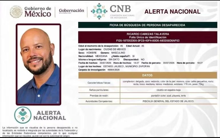 Ricardo Cabezas Talavera, visto por última vez el pasado 30 de julio en la colonia Tabachines, en Zapopan. ESPECIAL
