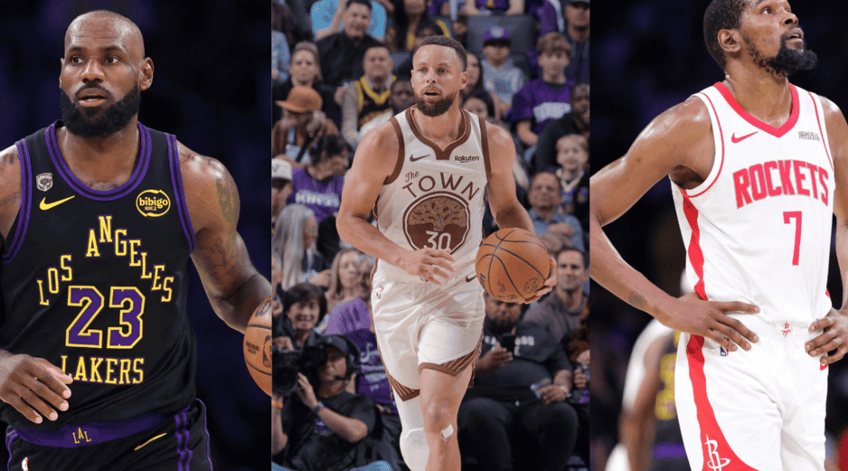 LeBron, Curry y Durant son tres de los últimos y más fuertes pilares que conservan sus fortalezas a pesar de ver su auge en la década pasada. AFP/CANVA