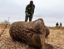 Lesidai Kipelian, guardabosques comunitario fotografía los restos de Genghis Khan, un elefante macho de 11 años, en la reserva comunitaria Kitenden B, en las afueras del Parque Nacional de Amboseli. EFE/D. IRUNGU