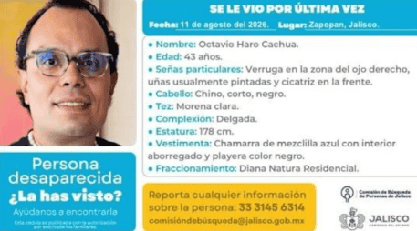 Octavio Haro de 43 años, visto por ultima vez el pasado 11 de agosto en el fraccionamiento Diana Natura, en Zapopan. CORTESÍA